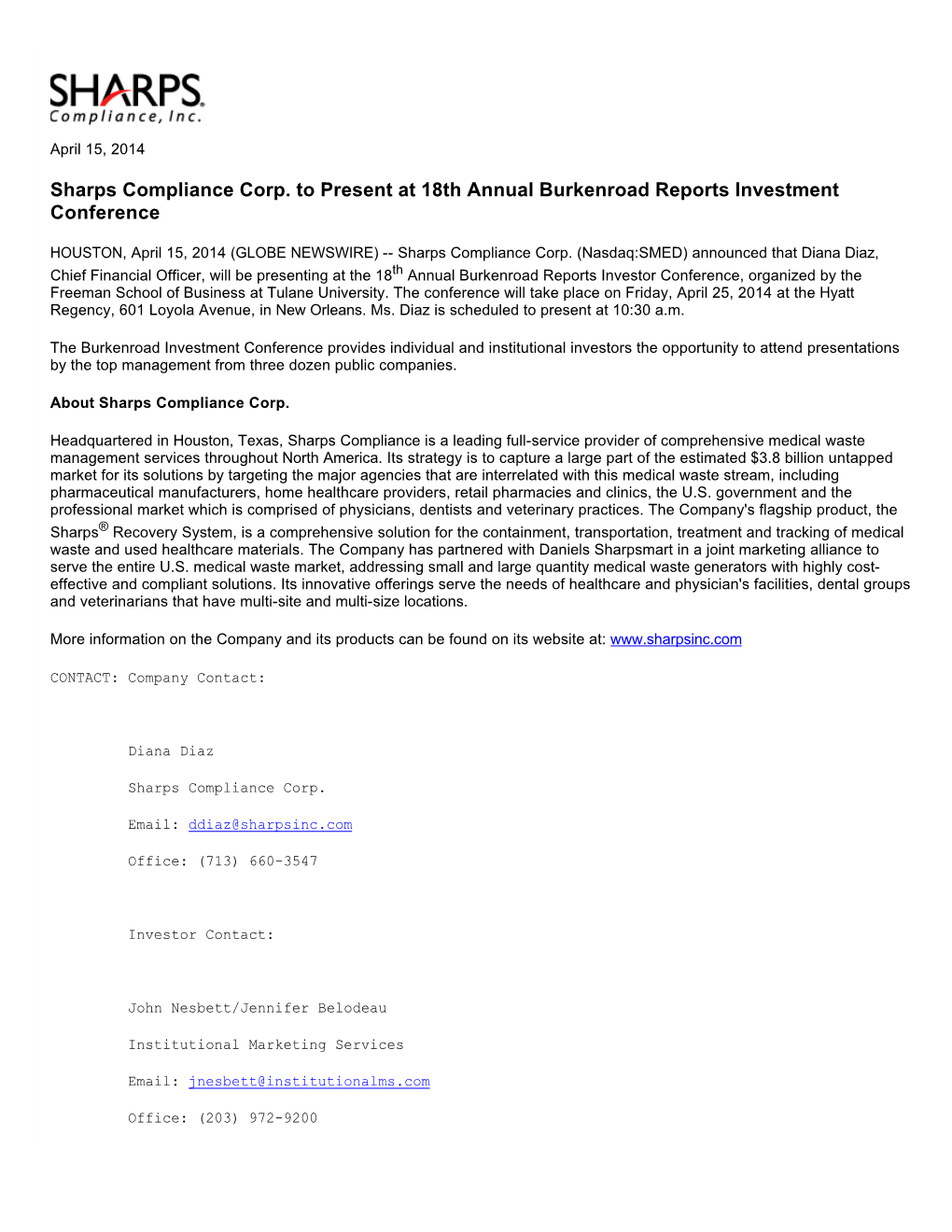 Sharps Compliance Corp. to Present at 18Th Annual Burkenroad Reports Investment Conference