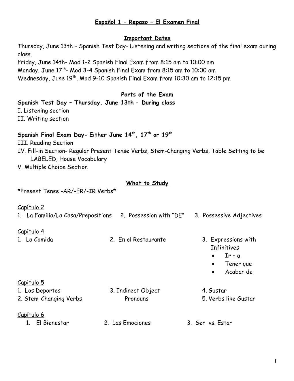 Español 2 Repaso El Examen Final