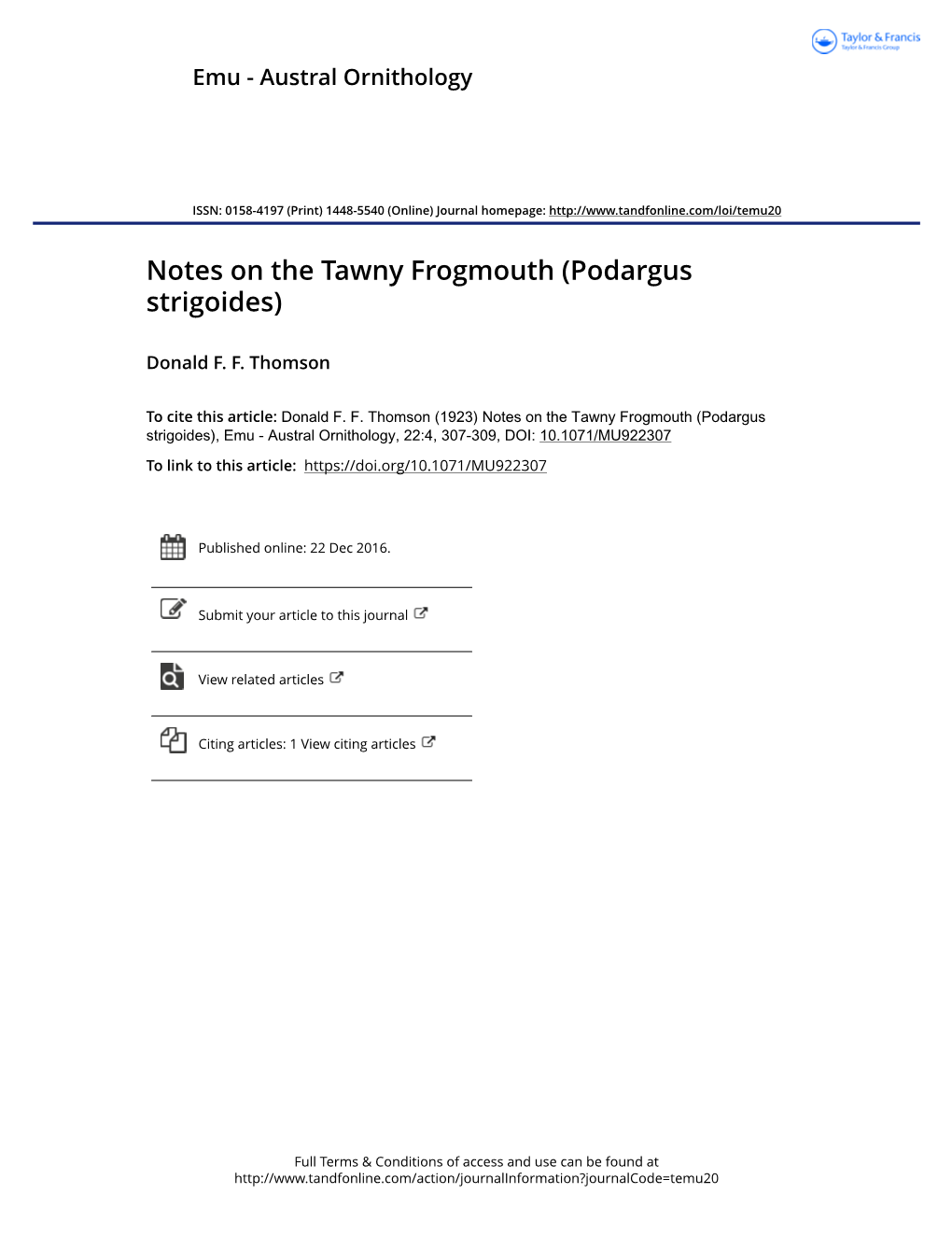 Notes on the Tawny Frogmouth (Podargus Strigoides)