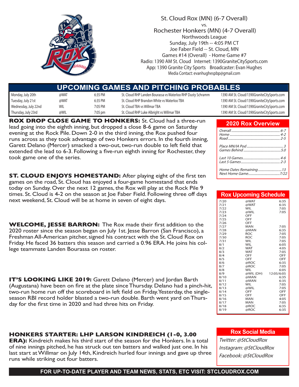 UPCOMING GAMES and PITCHING PROBABLES Monday, July 20Th @WAT 6:35 PM St