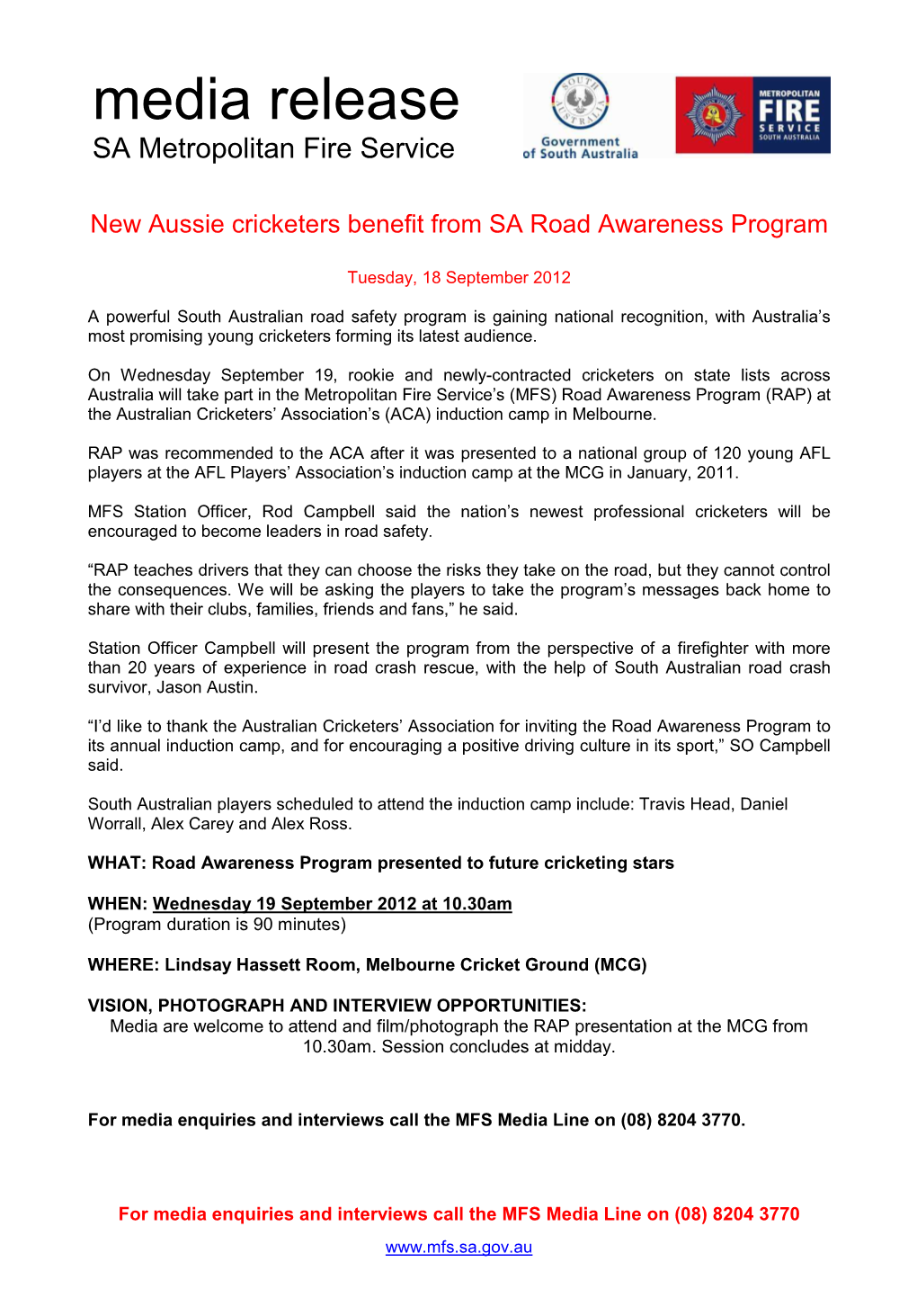 New Aussie Cricketers Benefit from SA Road Awareness Program