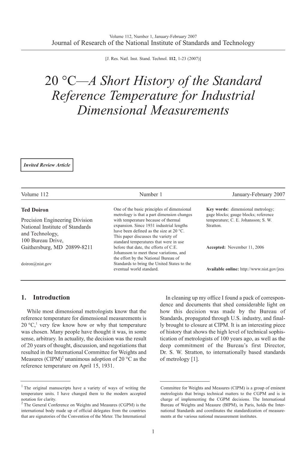 20 °C—A Short History of the Standard Reference Temperature for Industrial Dimensional Measurements