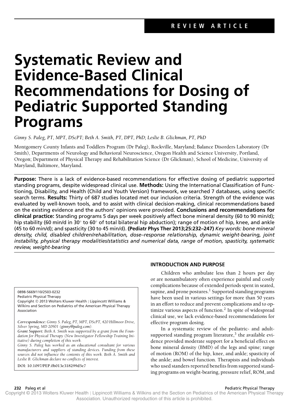 Systematic Review and Evidence-Based Clinical Recommendations for Dosing of Pediatric Supported Standing Programs Ginny S