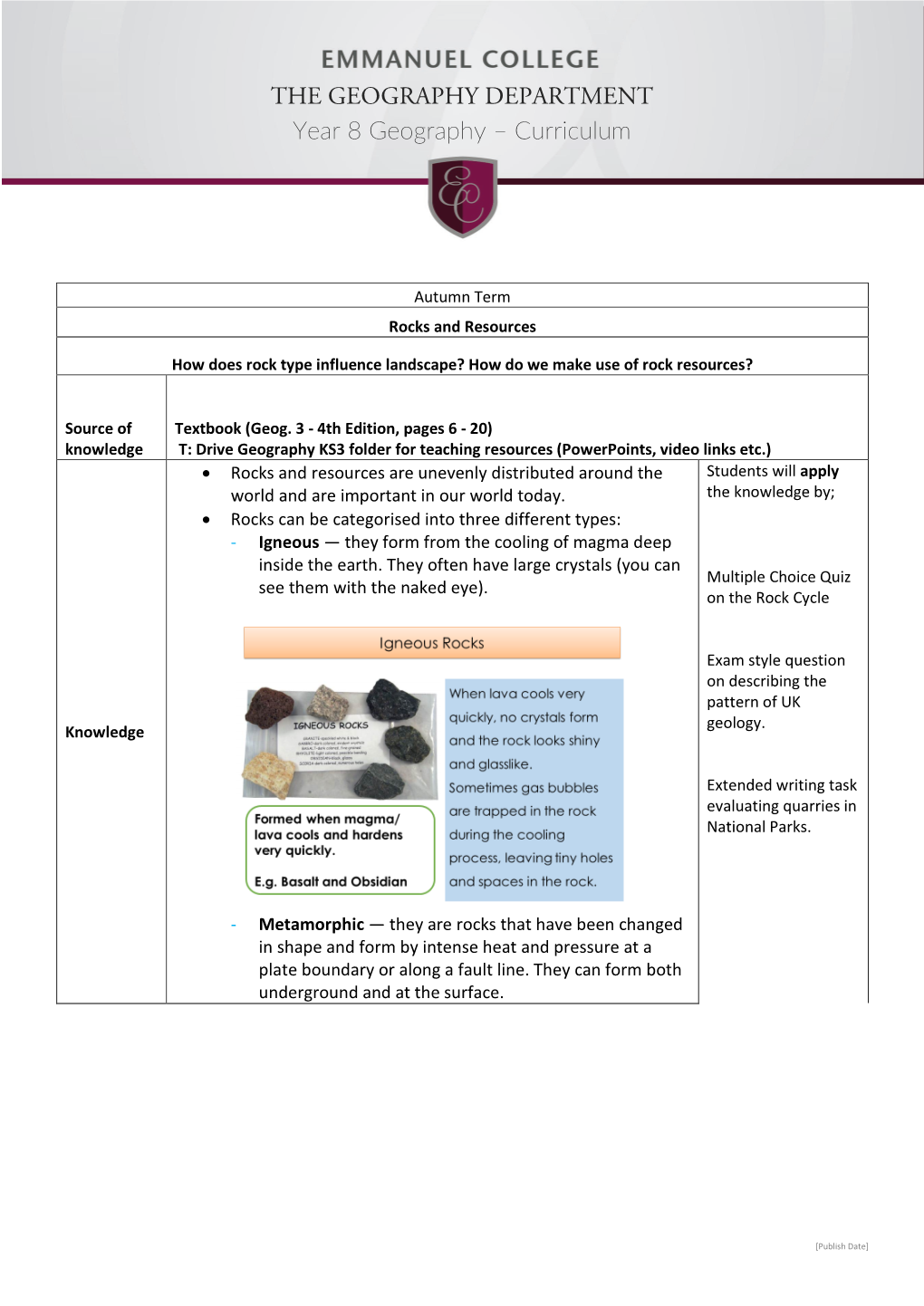 THE GEOGRAPHY DEPARTMENT Year 8 Geography – Curriculum