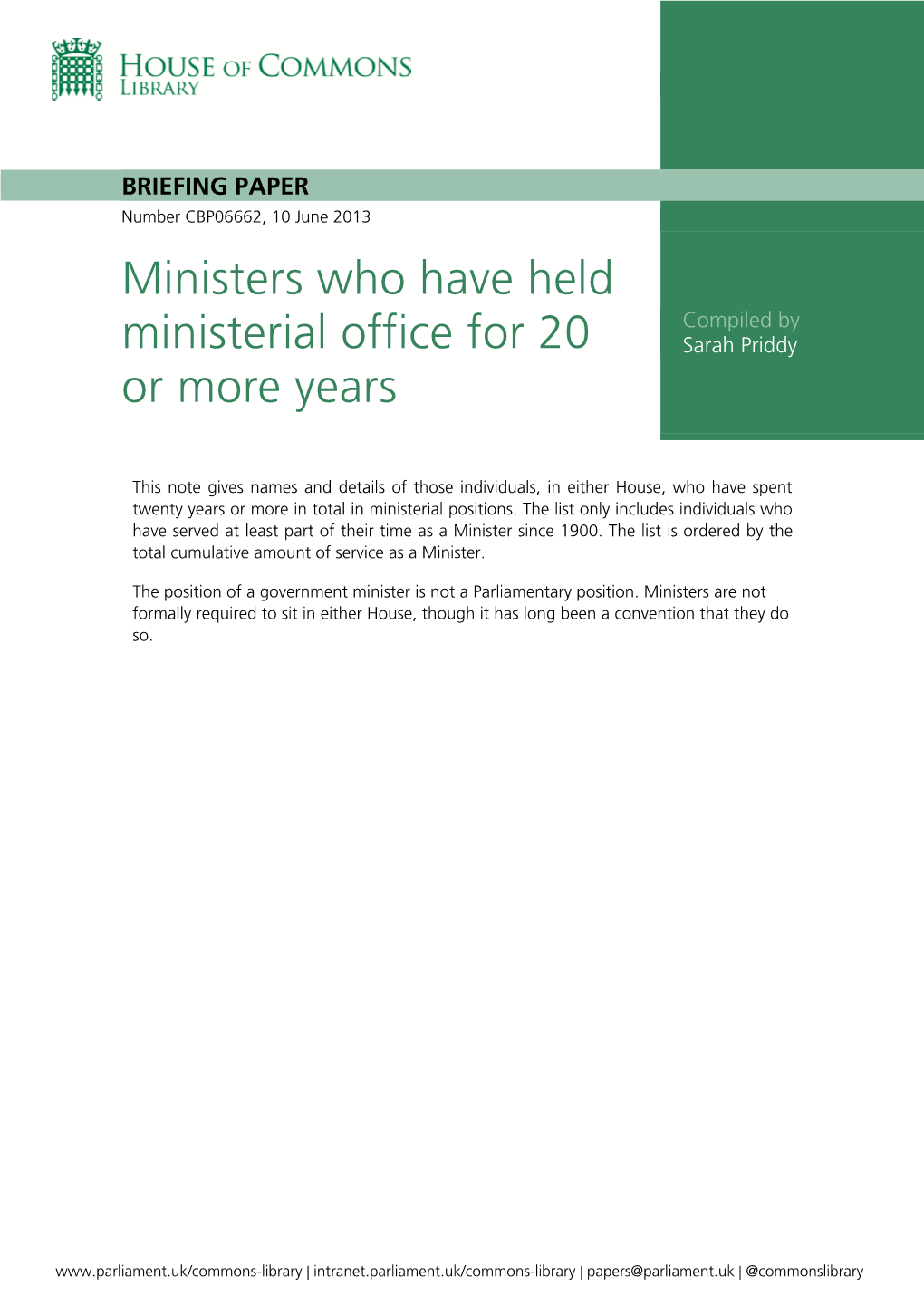 Ministers Who Have Held Ministerial Office for 20 Or More Years