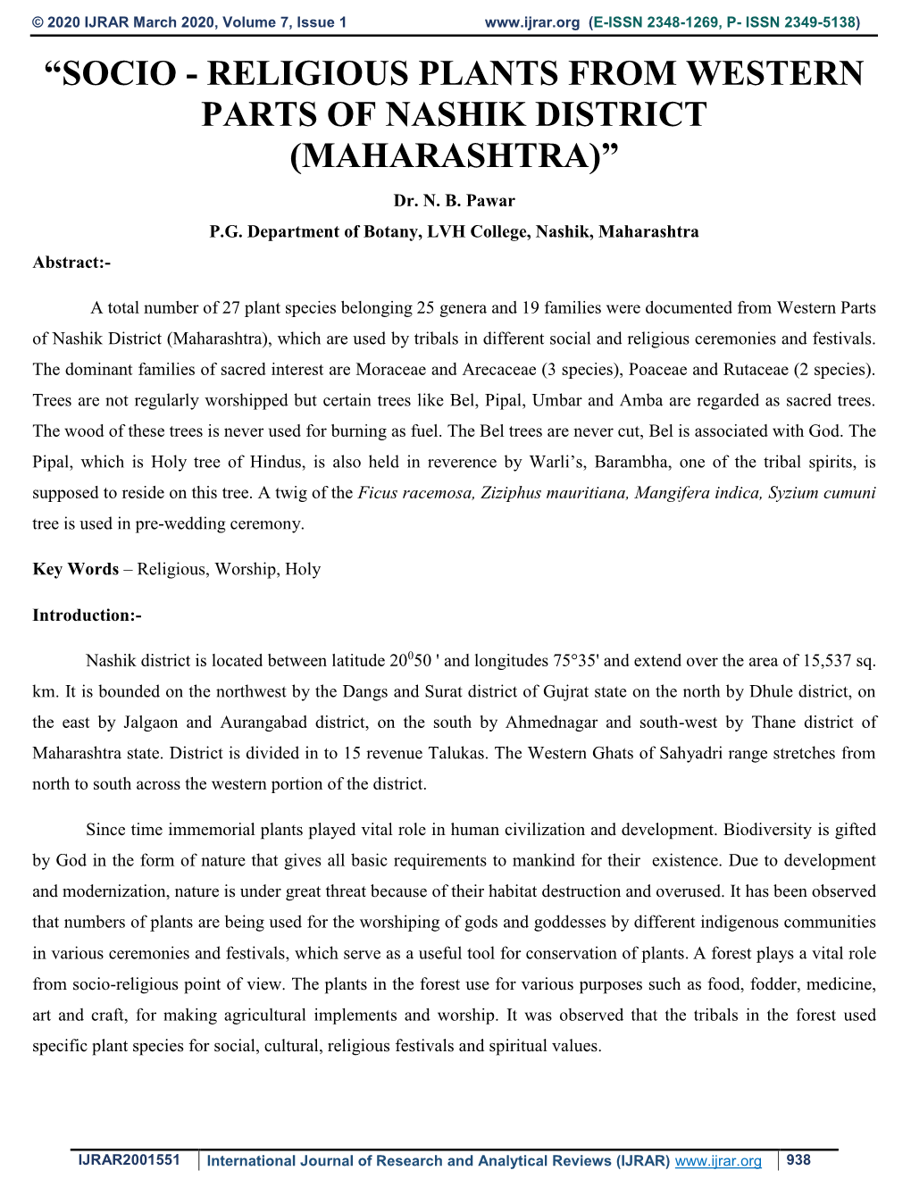 SOCIO - RELIGIOUS PLANTS from WESTERN PARTS of NASHIK DISTRICT (MAHARASHTRA)” Dr