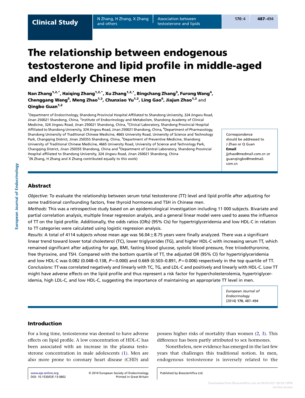 The Relationship Between Endogenous Testosterone and Lipid Proﬁle in Middle-Aged and Elderly Chinese Men