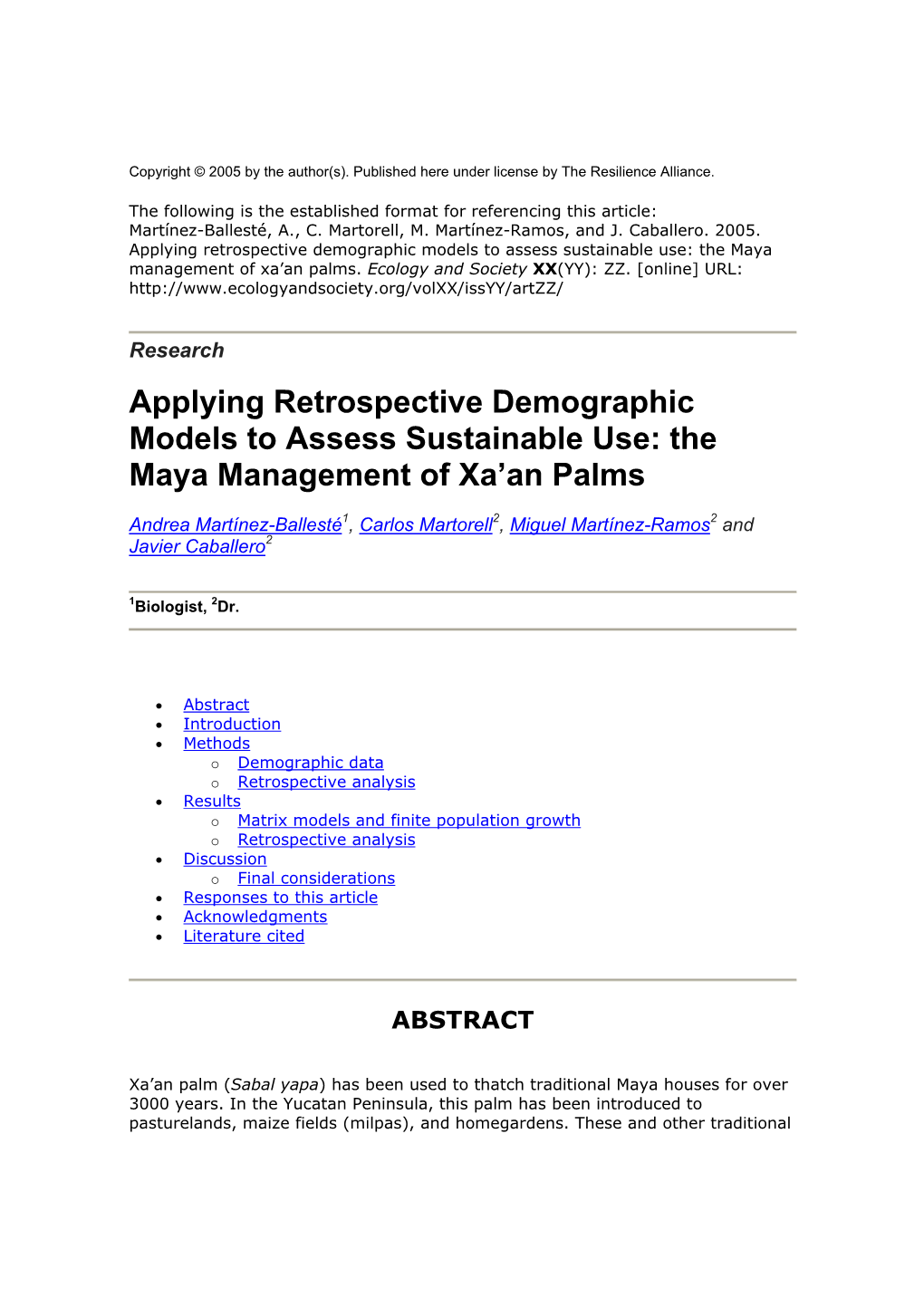 Applying Retrospective Demographic Models to Assess Sustainable Use: the Maya Management of Xa’An Palms