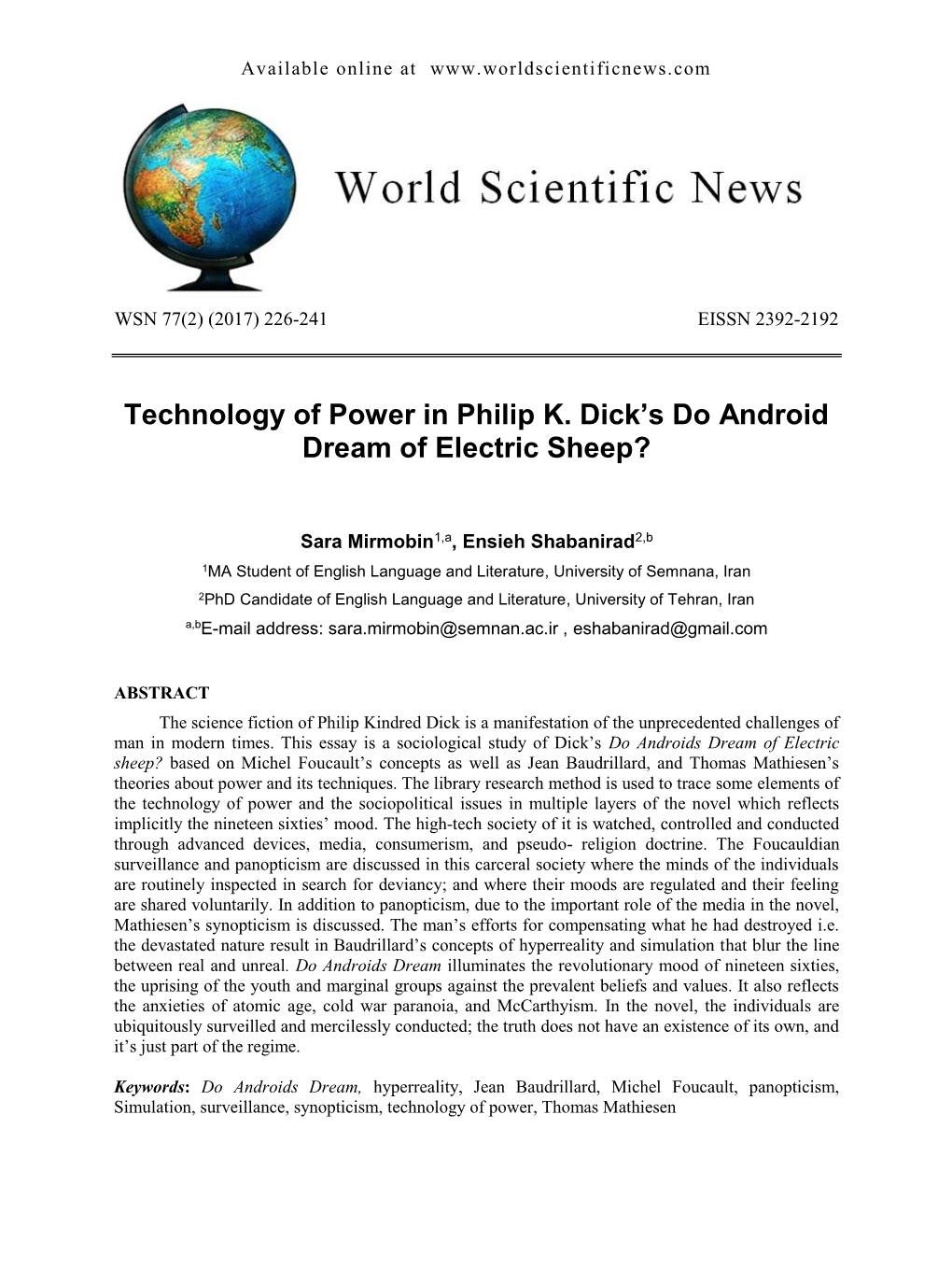 Technology of Power in Philip K. Dick's Do Android Dream of Electric