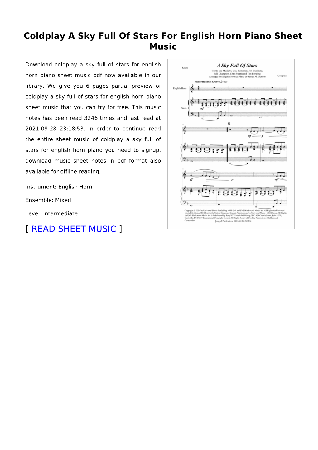 Coldplay a Sky Full of Stars for English Horn Piano Sheet Music