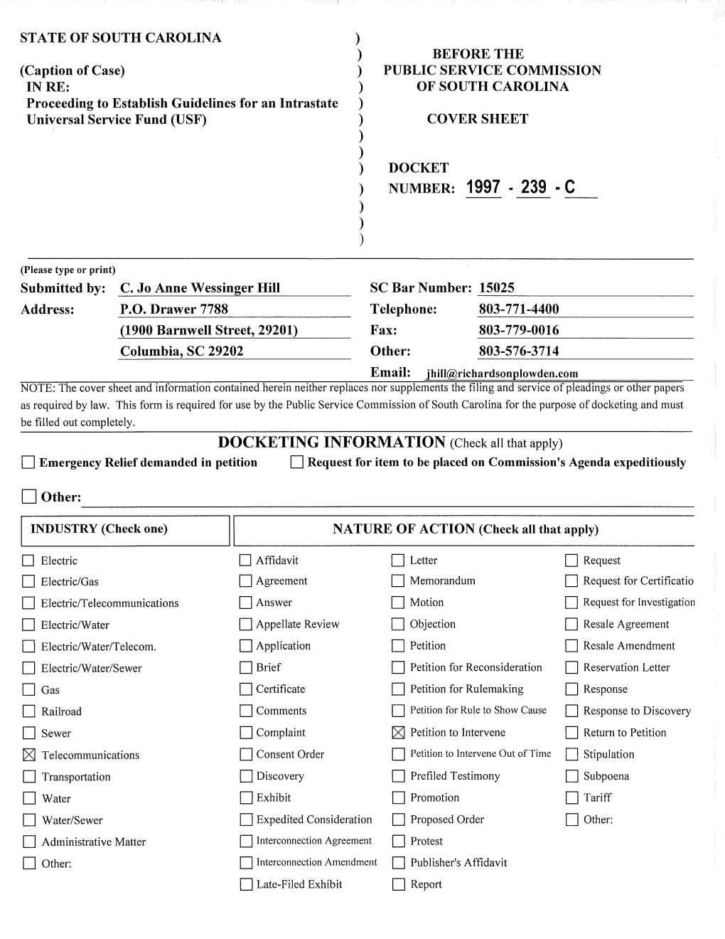 DOCKETING INFORMATION (Check All That Apply) Emergency Relief Demanded in Petition Request for Item to Be Placed on Commission's Agenda Expeditiously