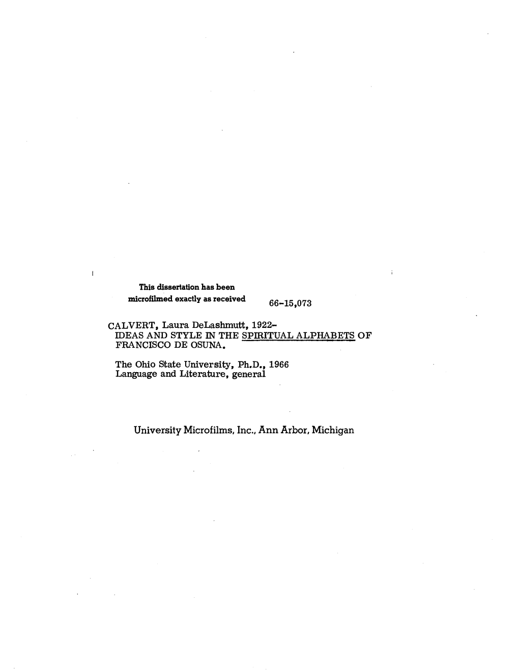 University Microfilms, Inc., Ann Arbor, Michigan Laura Delashmutt Calvert 1967