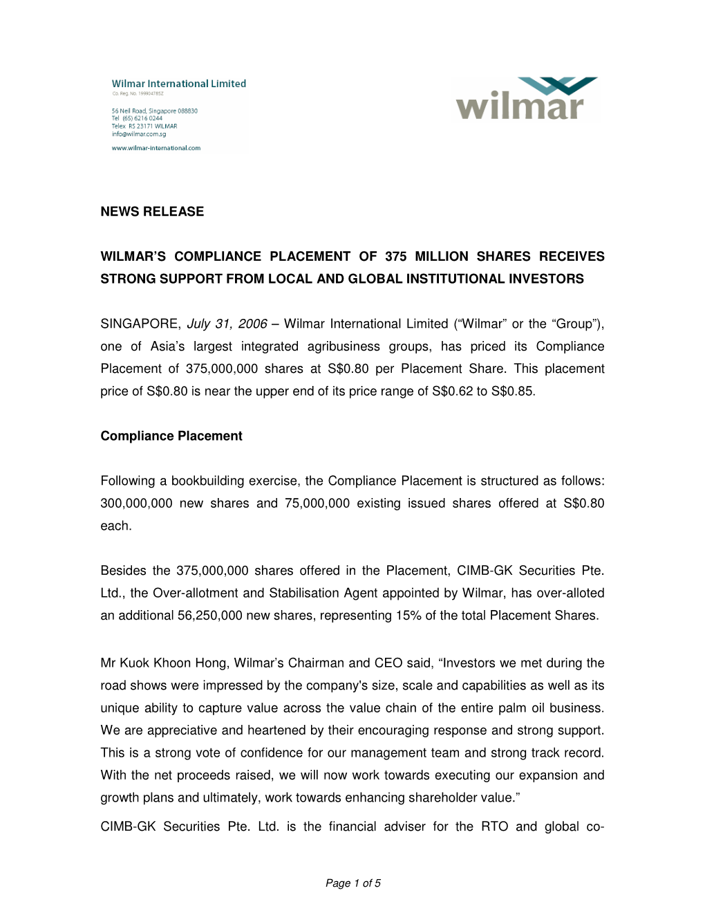 News Release Wilmar's Compliance Placement Of
