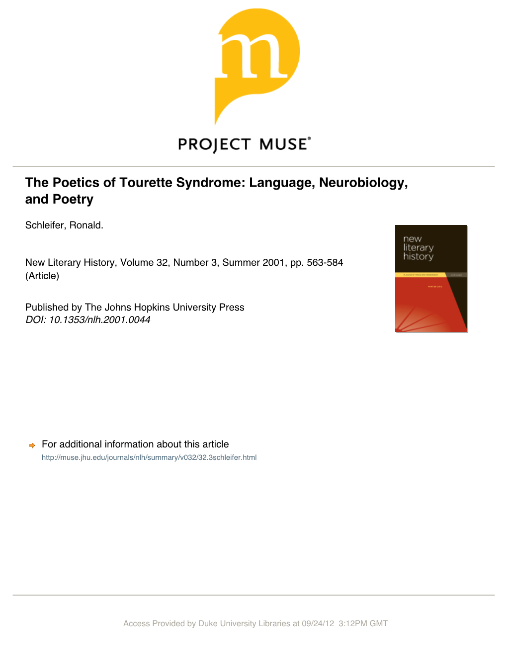 The Poetics of Tourette Syndrome: Language, Neurobiology, and Poetry