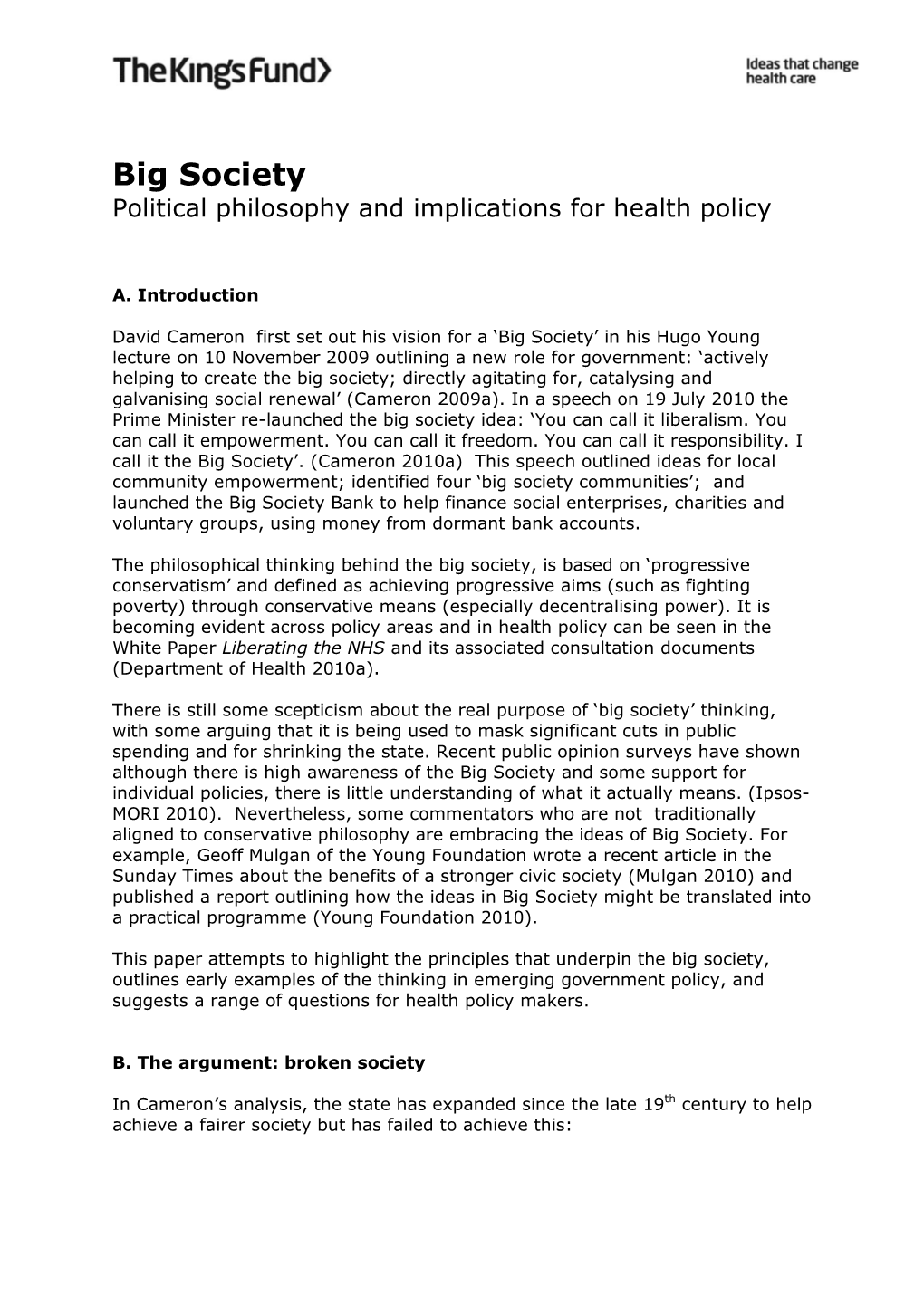 Big Society: Political Philosophy and Implications for Health Policy