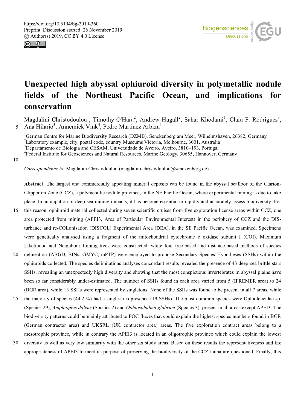 Unexpected High Abyssal Ophiuroid Diversity in Polymetallic Nodule