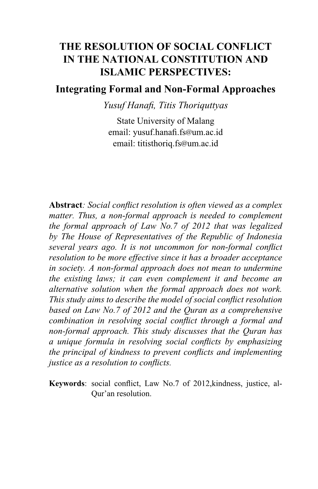 THE RESOLUTION of SOCIAL CONFLICT in the NATIONAL CONSTITUTION and ISLAMIC PERSPECTIVES: Integrating Formal and Non-Formal Appro