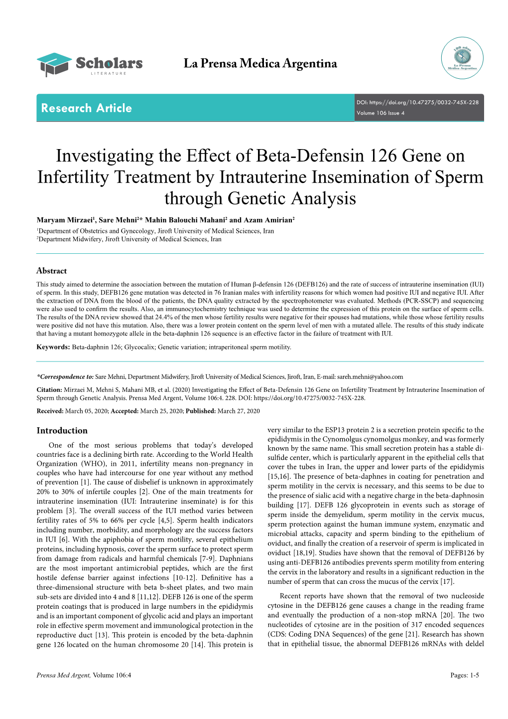 Investigating the Effect of Beta-Defensin 126 Gene On