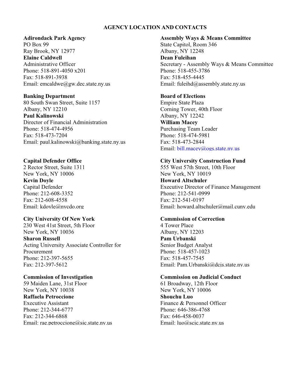 NYS Agency Contacts