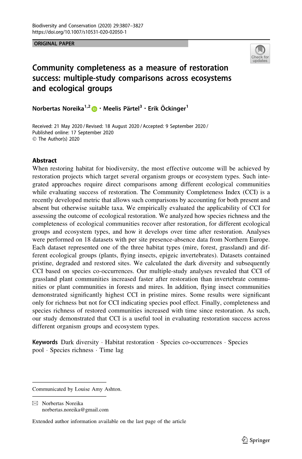 Community Completeness As a Measure of Restoration Success: Multiple-Study Comparisons Across Ecosystems and Ecological Groups