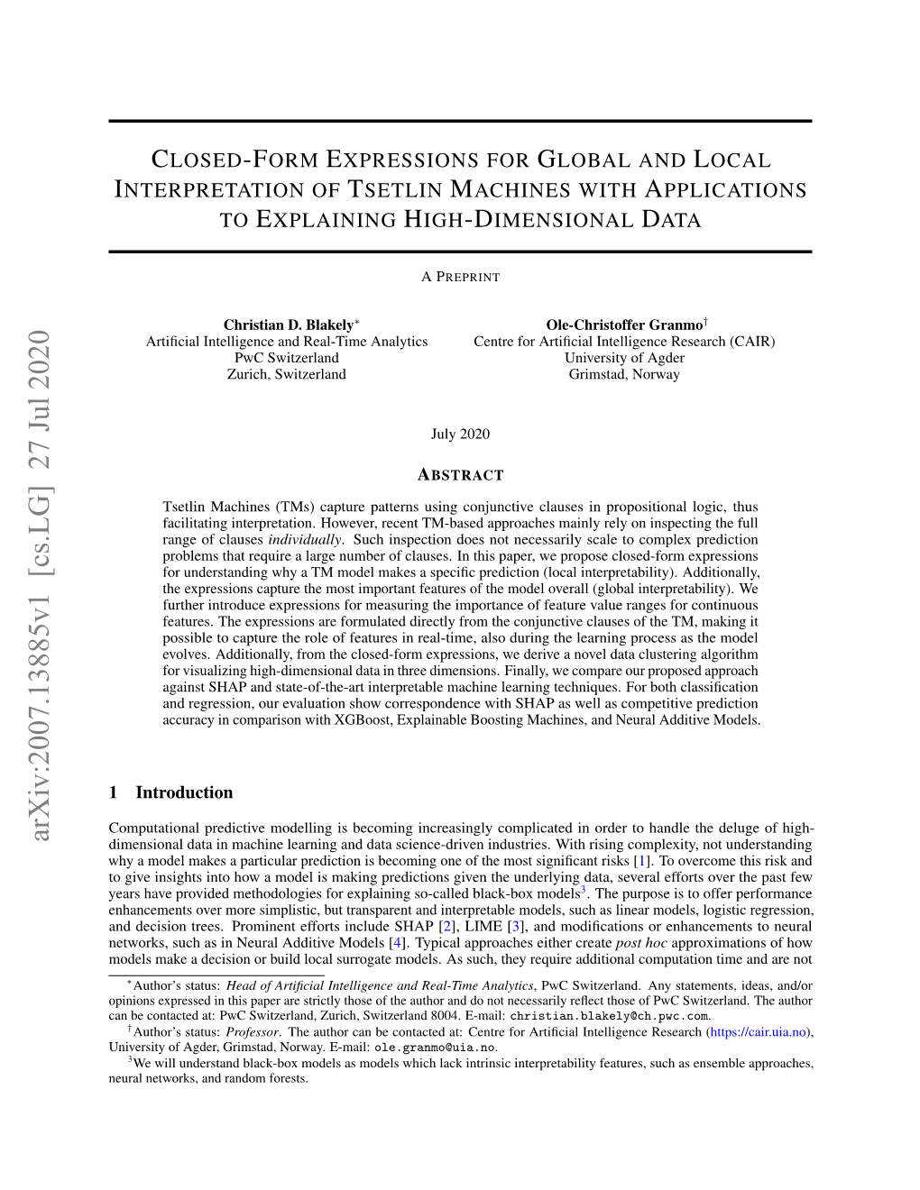 Closed-Form Expressions for Global and Local Interpretation of Tsetlin Machines with Applications to Explaining High-Dimensional Data APREPRINT