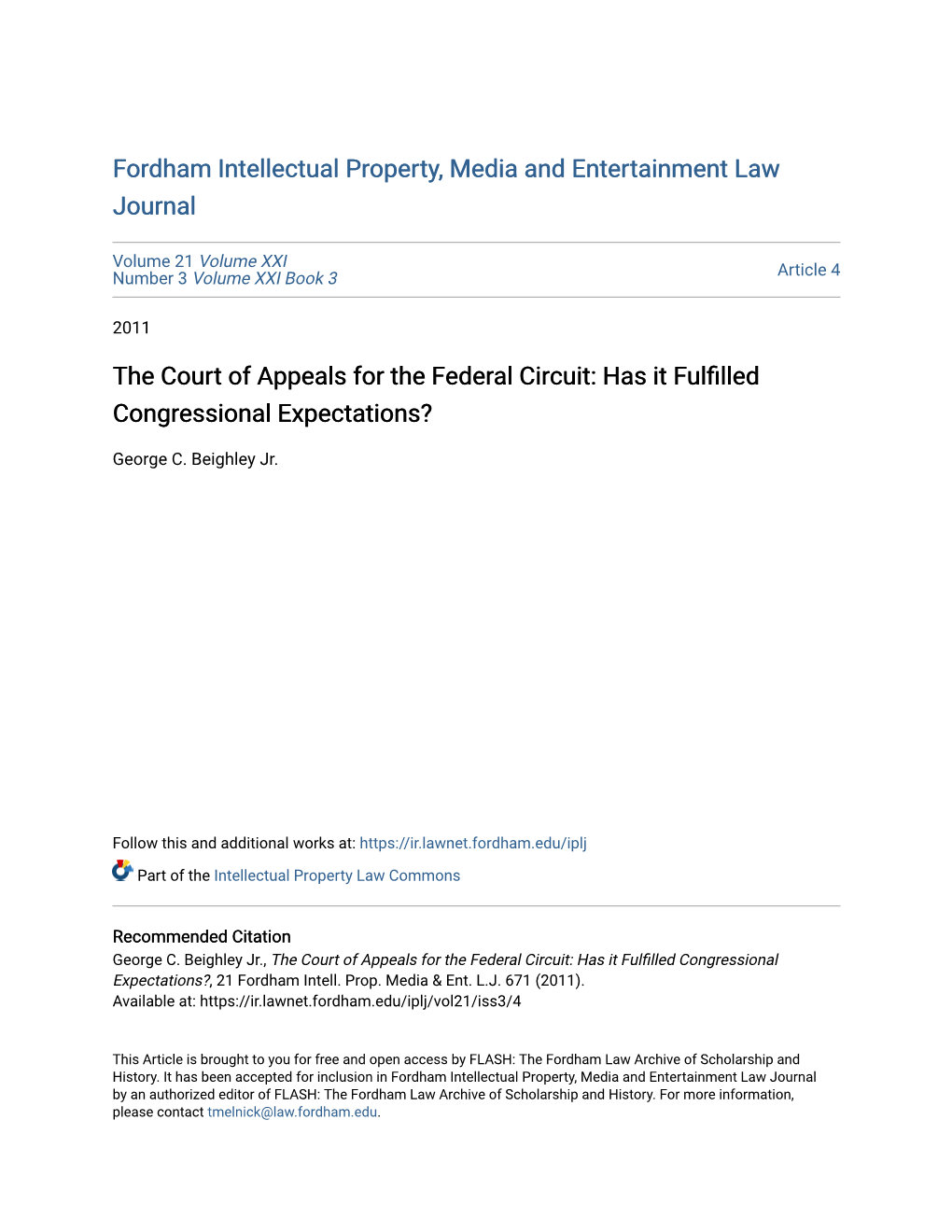 The Court of Appeals for the Federal Circuit: Has It Fulfilled Congressional Expectations?