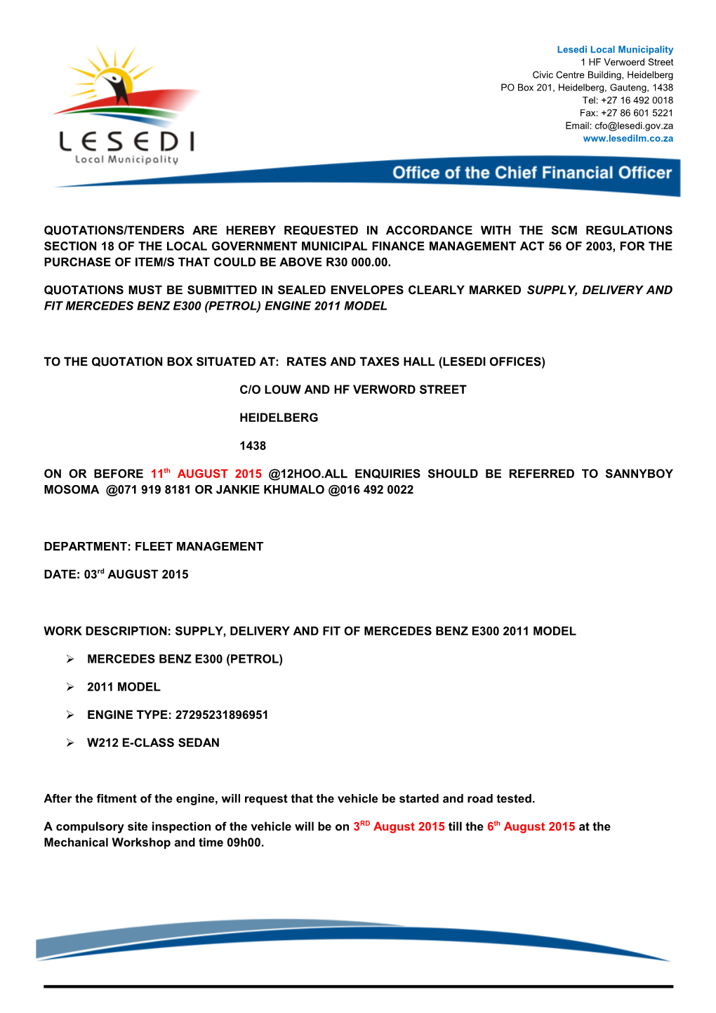 Quotations/Tenders Are Hereby Requested in Accordance with the Scm Regulations Section s1