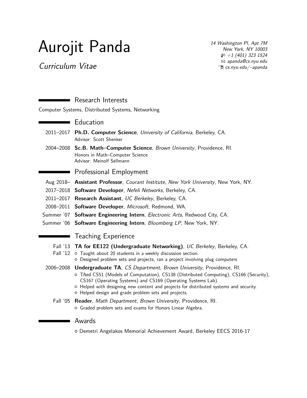 Aurojit Panda – Curriculum Vitae