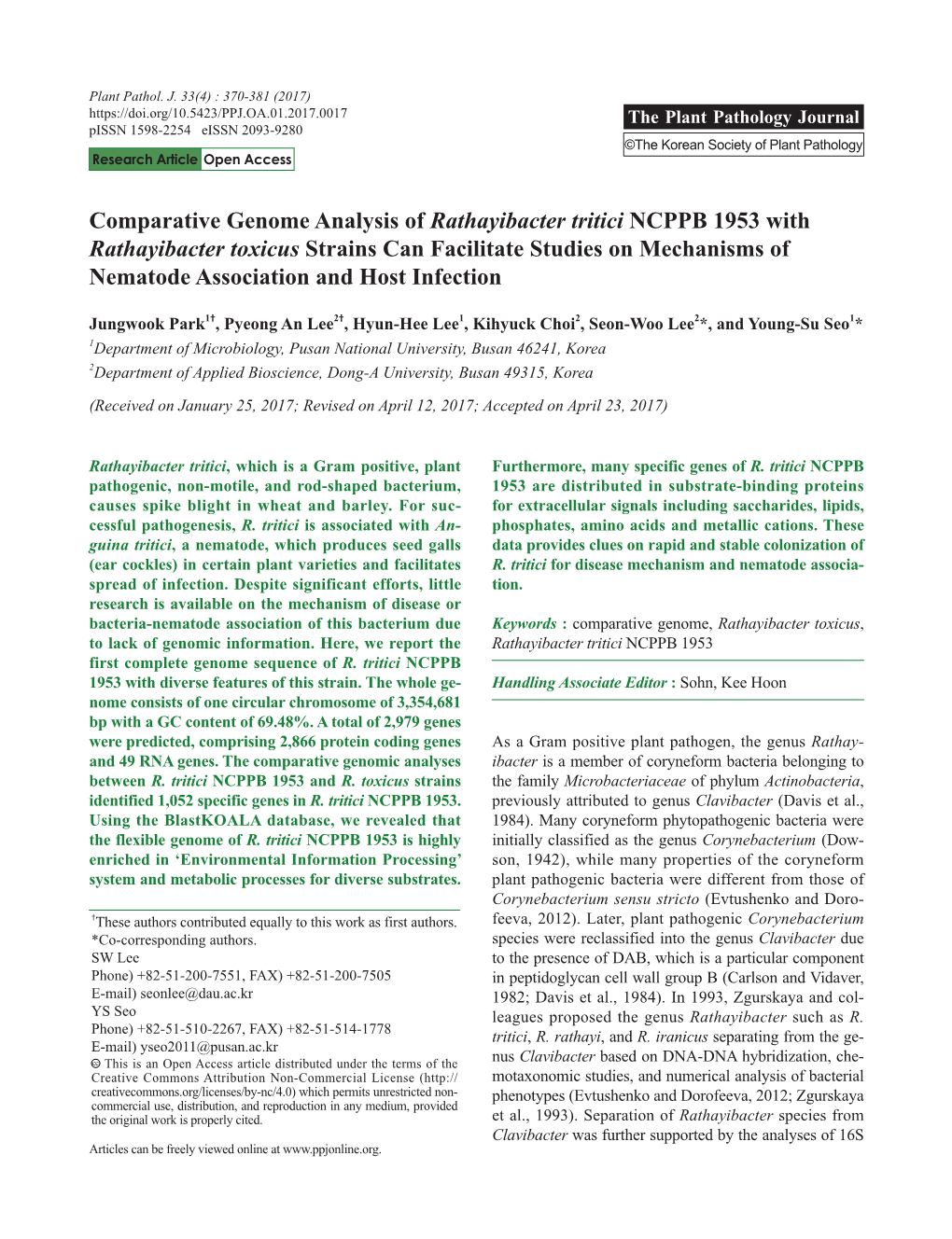 Comparative Genome Analysis of Rathayibacter Tritici NCPPB 1953