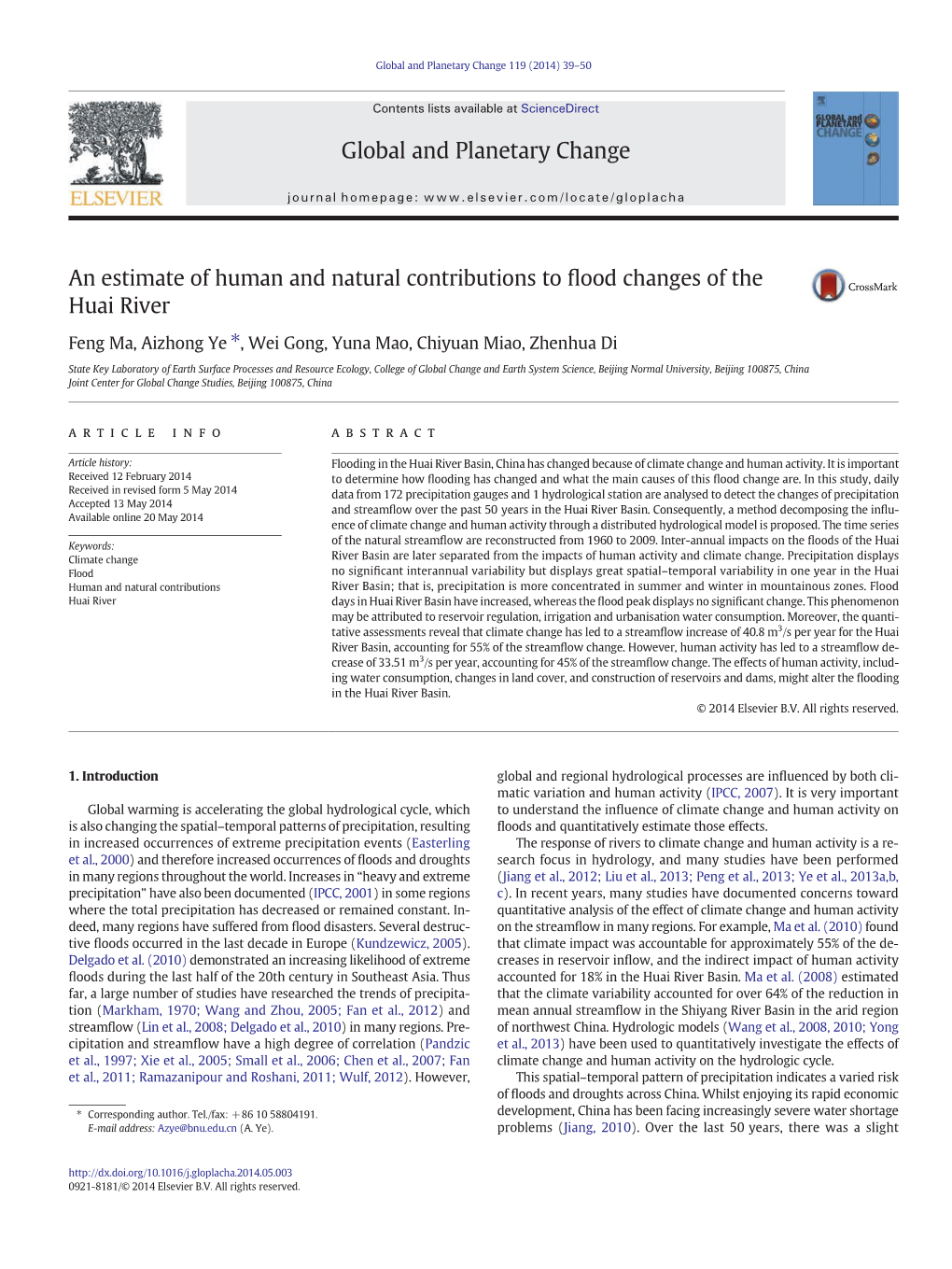 An Estimate of Human and Natural Contributions to Flood Changes Of