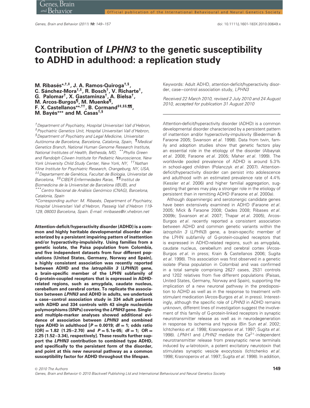 Contribution of LPHN3 to the Genetic Susceptibility to ADHD in Adulthood: a Replication Study