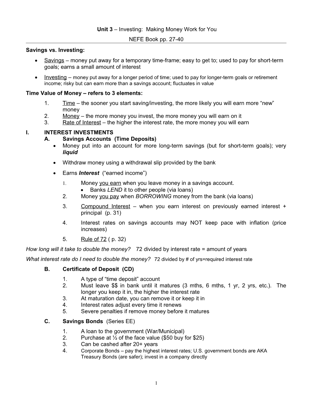 Unit 3 Investing: Making Money Work for You