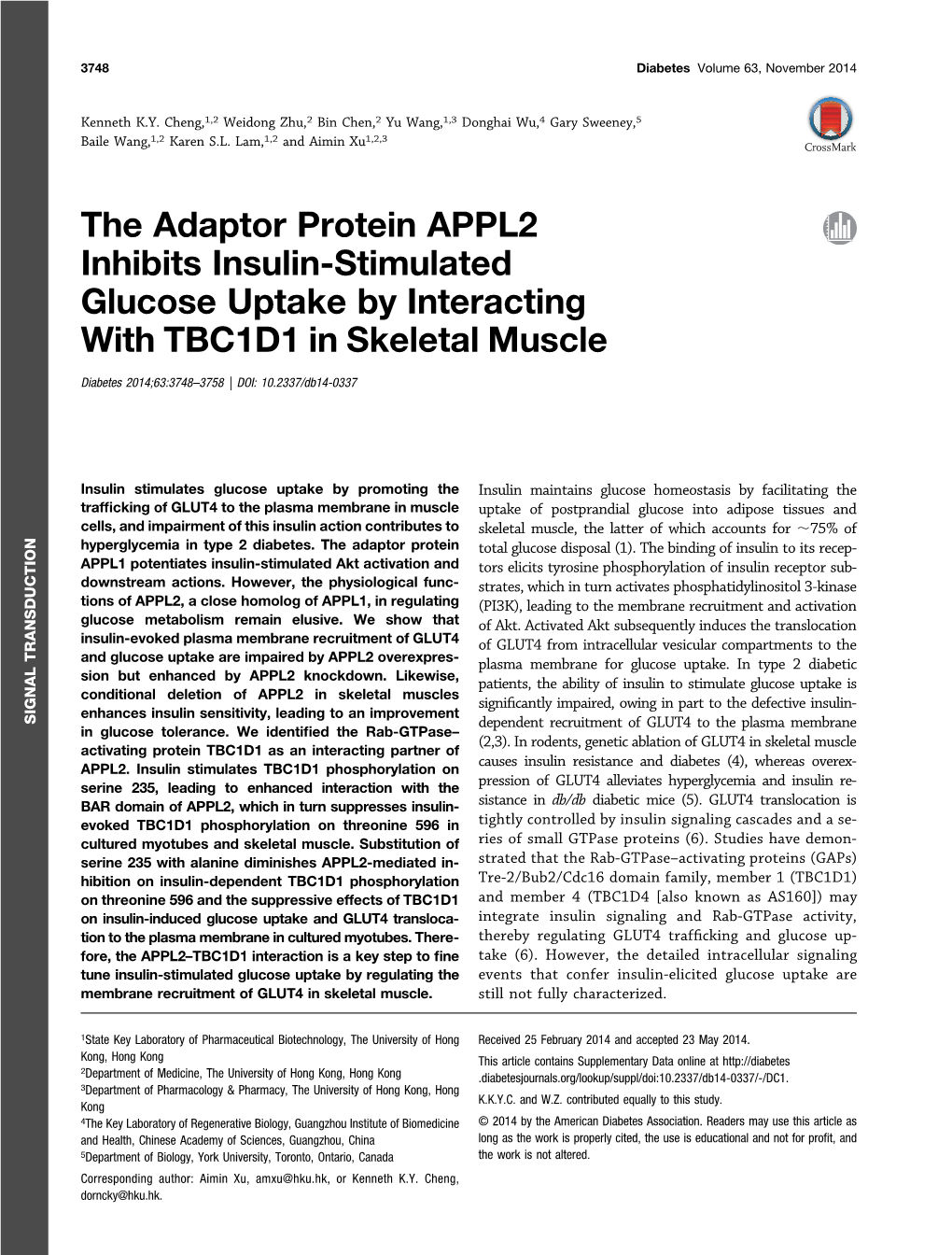 The Adaptor Protein APPL2 Inhibits Insulin-Stimulated Glucose Uptake by Interacting with TBC1D1 in Skeletal Muscle