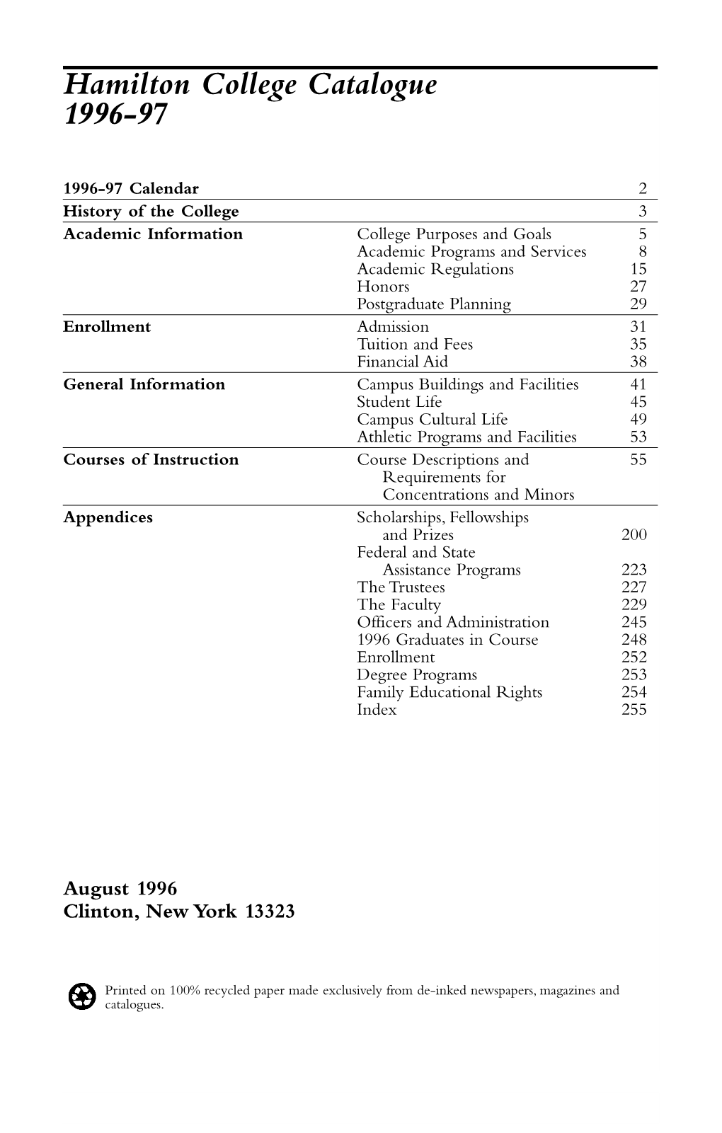 Hamilton College Catalogue 1996-97