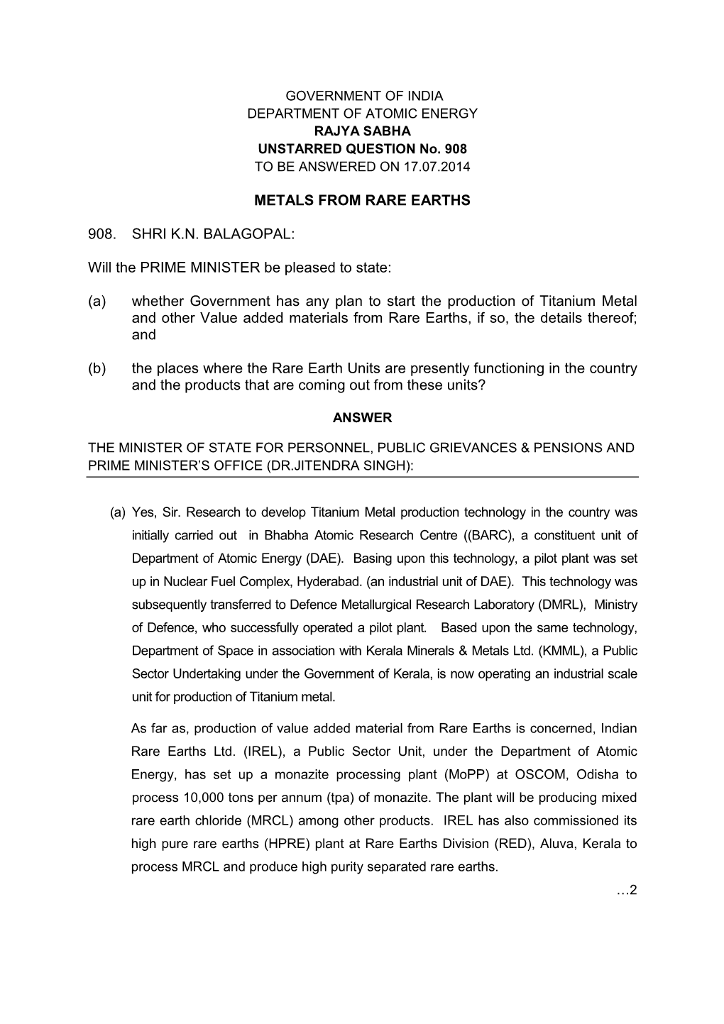 Metals from Rare Earths 908. Shri Kn Balagopal