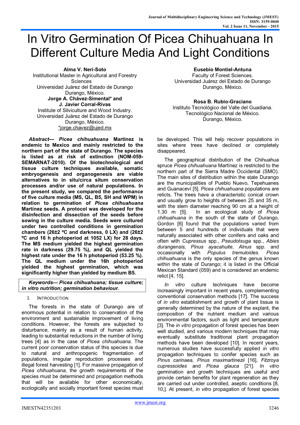 In Vitro Germination of Picea Chihuahuana in Different Culture Media and Light Conditions