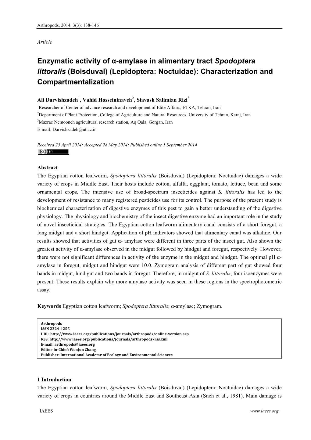 Enzymatic Activity of Α-Amylase in Alimentary Tract Spodoptera Littoralis (Boisduval) (Lepidoptera: Noctuidae): Characterization and Compartmentalization