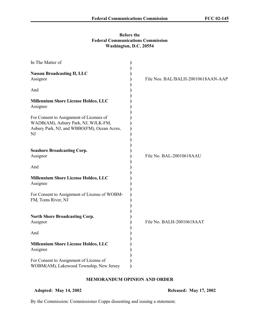 Federal Communications Commission FCC 02-145 Before the Federal