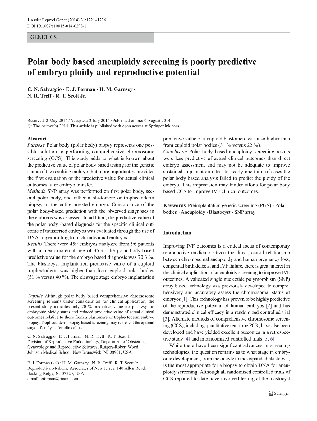 Polar Body Based Aneuploidy Screening Is Poorly Predictive of Embryo Ploidy and Reproductive Potential