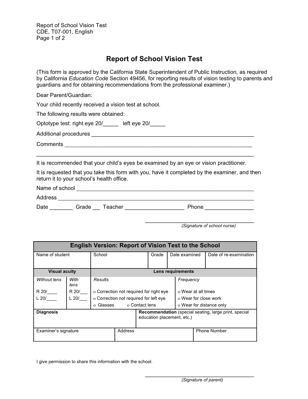 Report of School Vision Test - Health Services & School Nursing (CA Dept of Education)