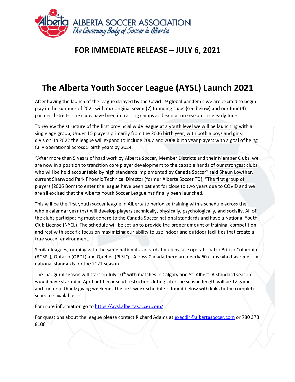 The Alberta Youth Soccer League (AYSL) Launch 2021