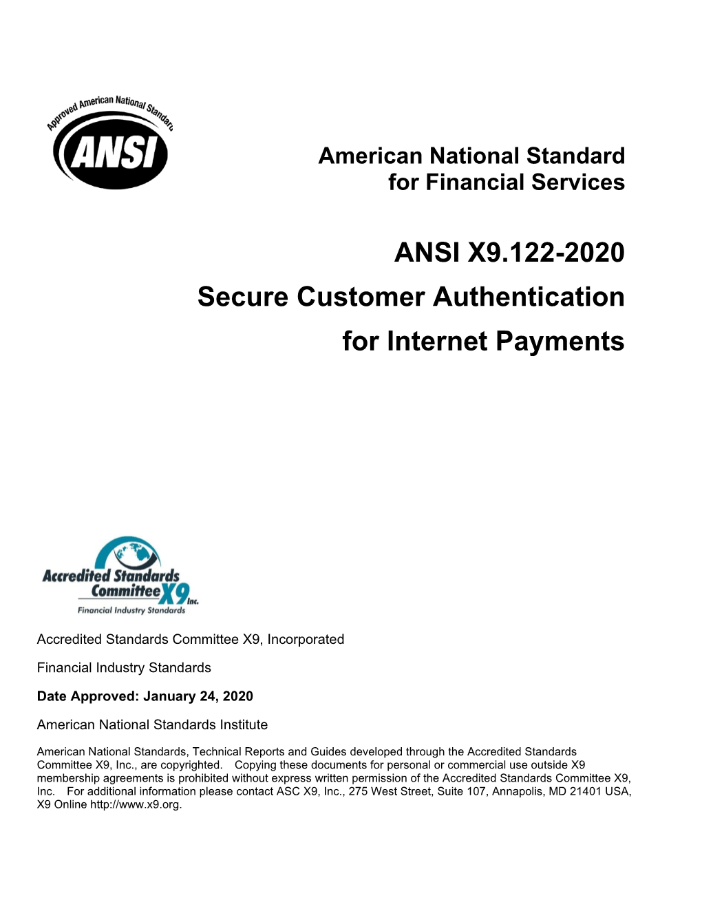 ANSI X9.122-2020 Secure Customer Authentication for Internet Payments