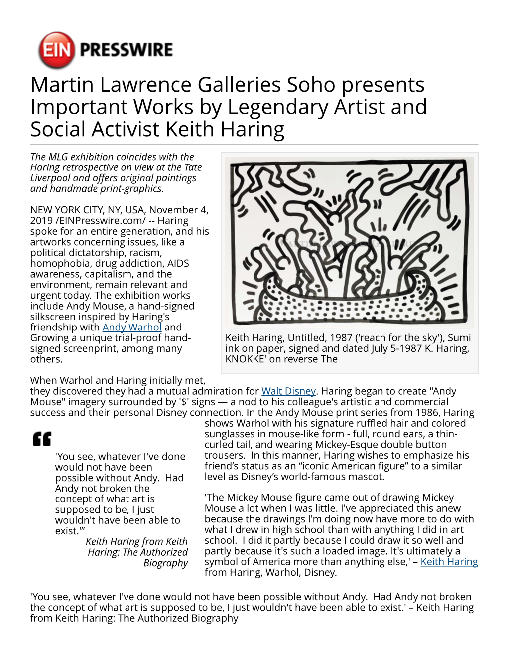 Martin Lawrence Galleries Soho Presents Important Works by Legendary Artist and Social Activist Keith Haring