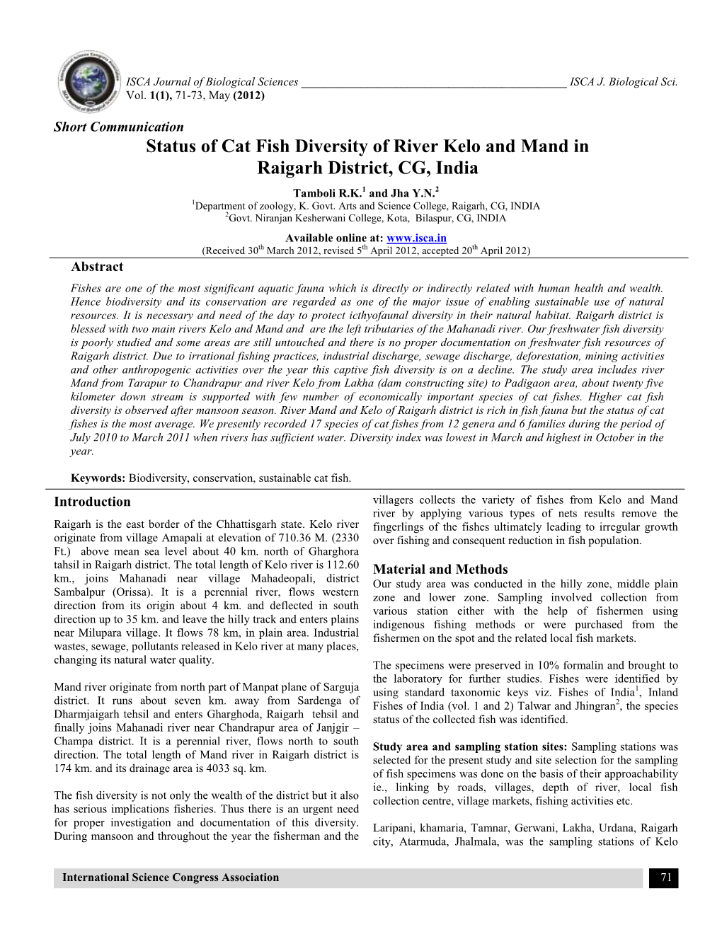 Status of Cat Fish Diversity of River Kelo and Mand in Raigarh District, CG, India