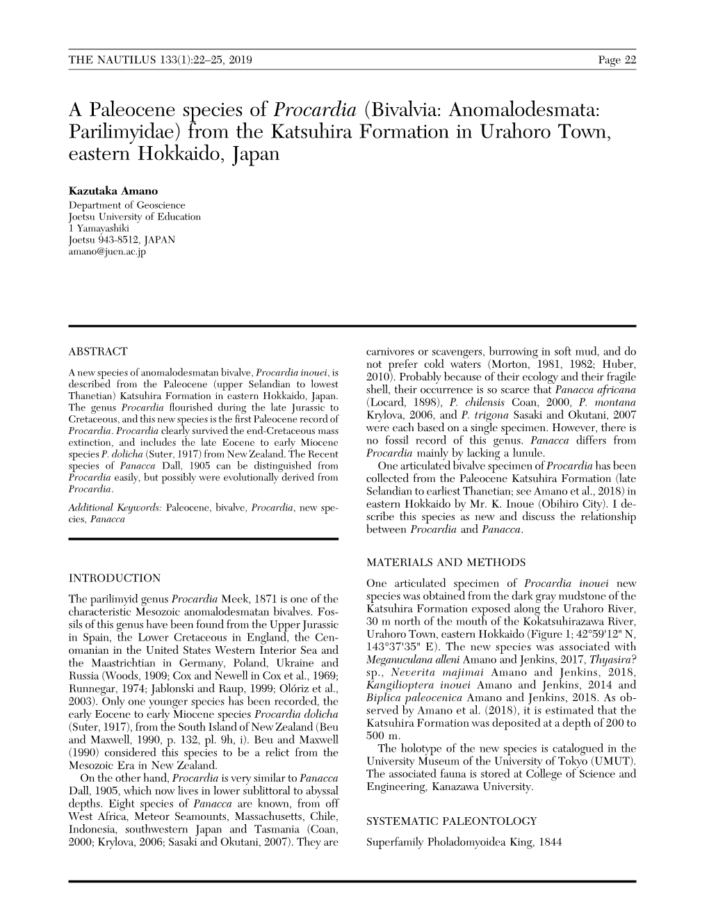 A Paleocene Species of Procardia (Bivalvia: Anomalodesmata: Parilimyidae) from the Katsuhira Formation in Urahoro Town, Eastern Hokkaido, Japan