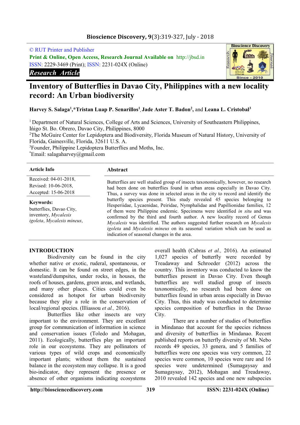 Inventory of Butterflies in Davao City, Philippines with a New Locality Record: an Urban Biodiversity