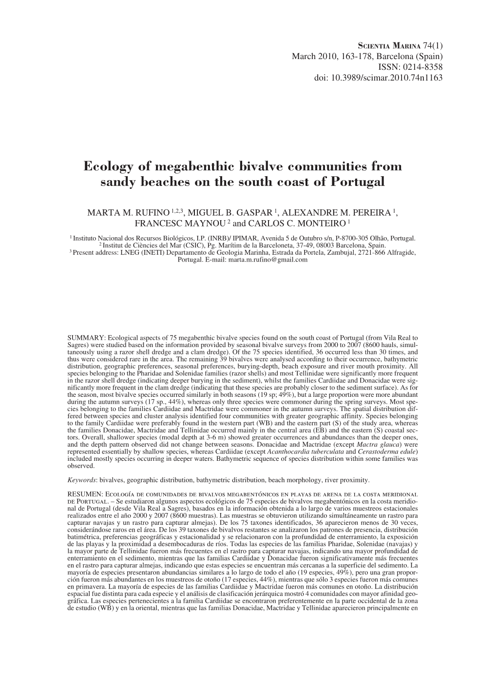 Ecology of Megabenthic Bivalve Communities from Sandy Beaches on the South Coast of Portugal