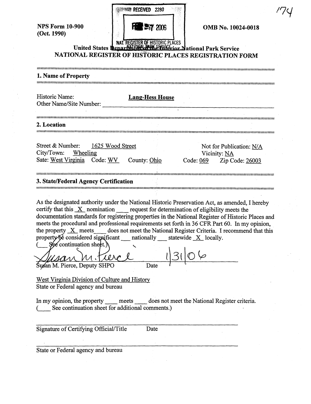 NFS Form 10-900 (Oct. 1990) RECEIVED 2280 United States INAI