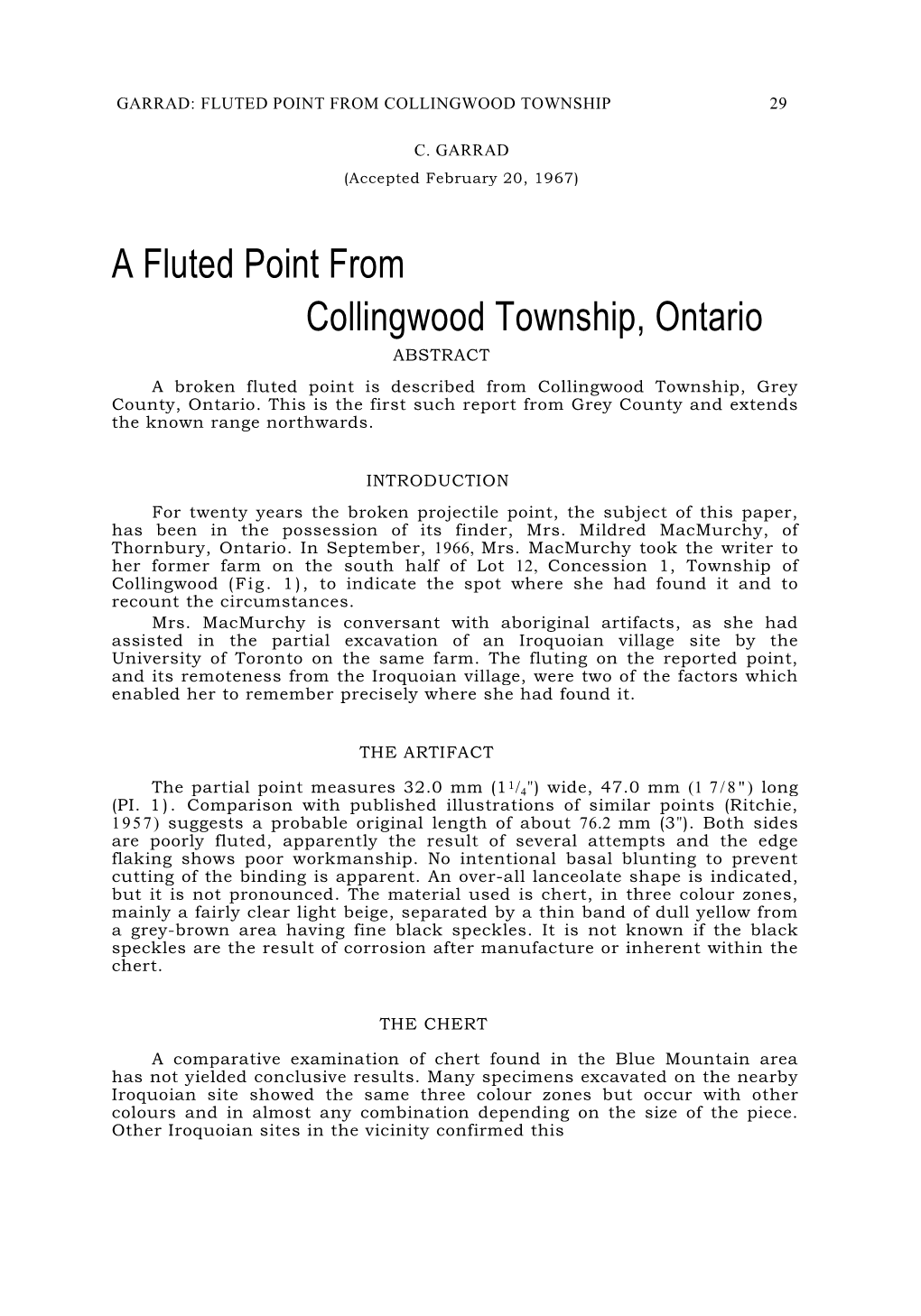 A Fluted Point from Collingwood Township, Ontario ABSTRACT a Broken Fluted Point Is Described from Collingwood Township, Grey County, Ontario