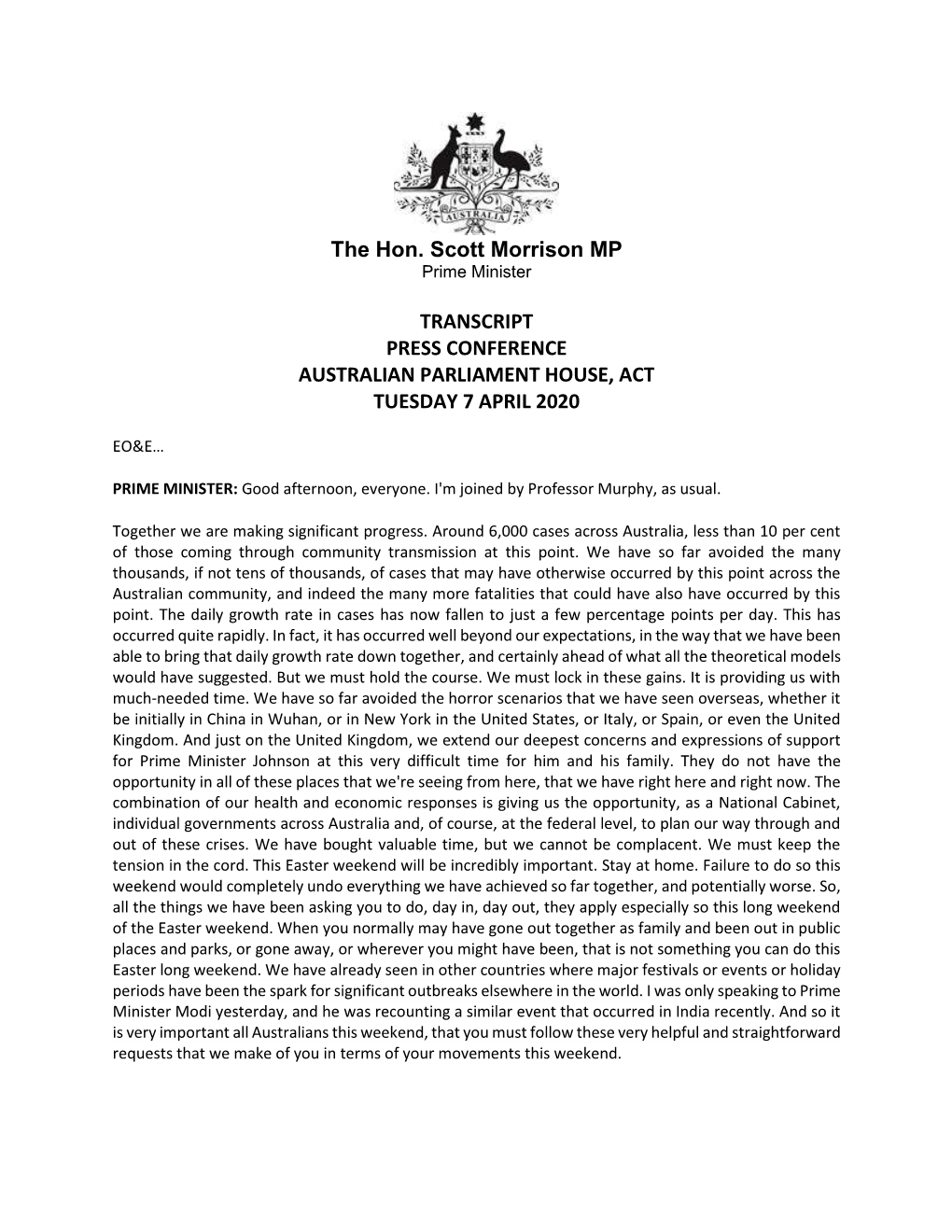 The Hon. Scott Morrison MP TRANSCRIPT PRESS